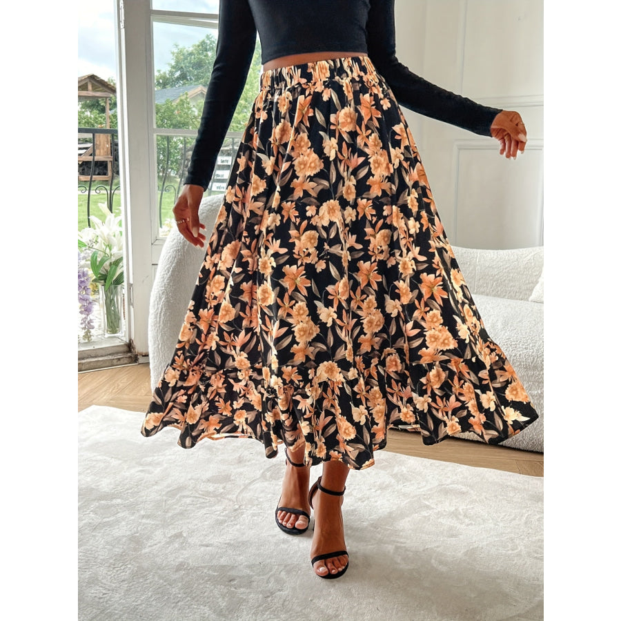 Floral Elastic Waist Midi Skirt Apparel and Accessories