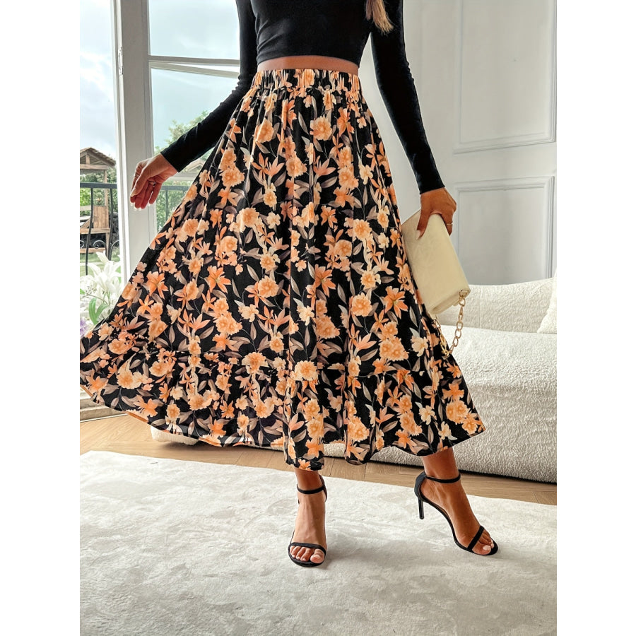 Floral Elastic Waist Midi Skirt Apparel and Accessories