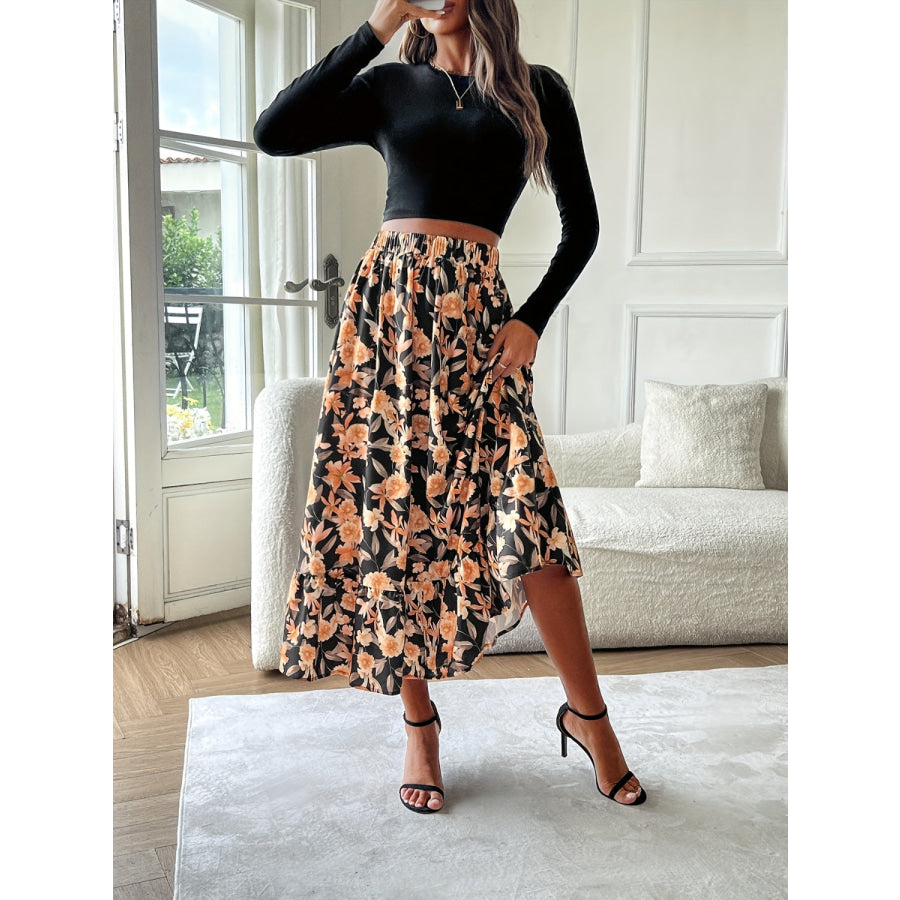 Floral Elastic Waist Midi Skirt Apparel and Accessories