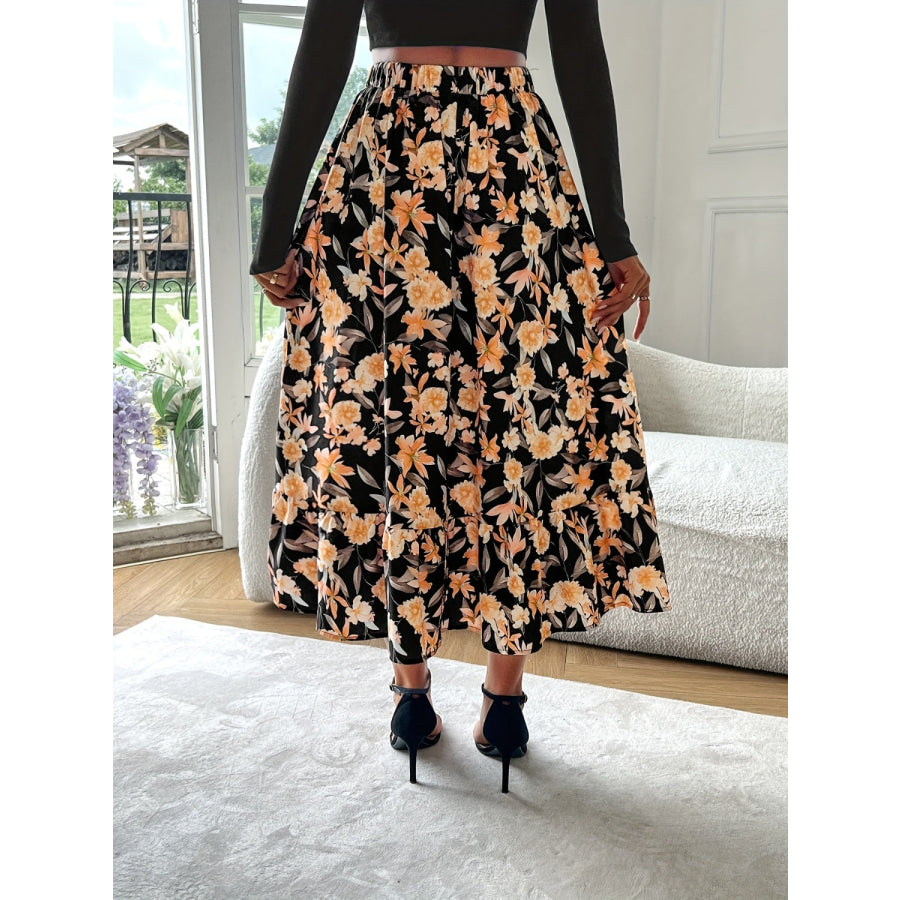 Floral Elastic Waist Midi Skirt Apparel and Accessories