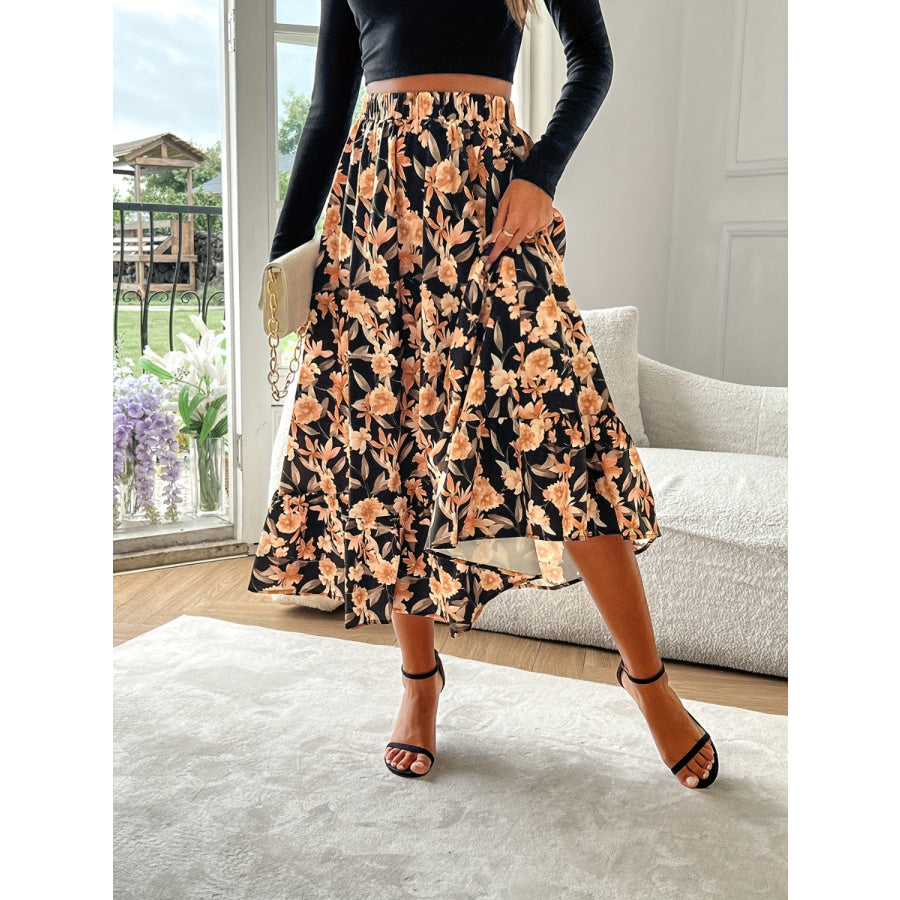 Floral Elastic Waist Midi Skirt Apparel and Accessories