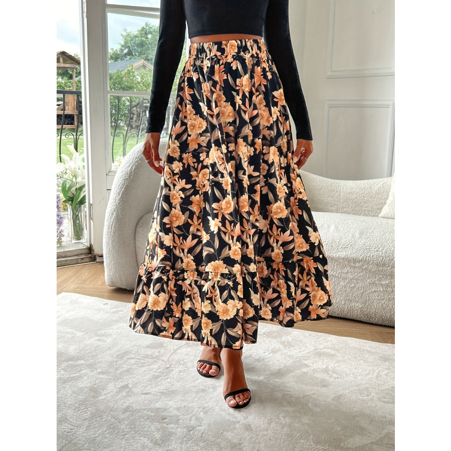 Floral Elastic Waist Midi Skirt Sherbet / S Apparel and Accessories