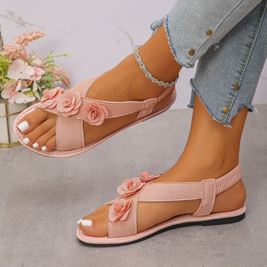 Floral Embellished Elastic Slingback Sandals Pink / 36 Apparel and Accessories