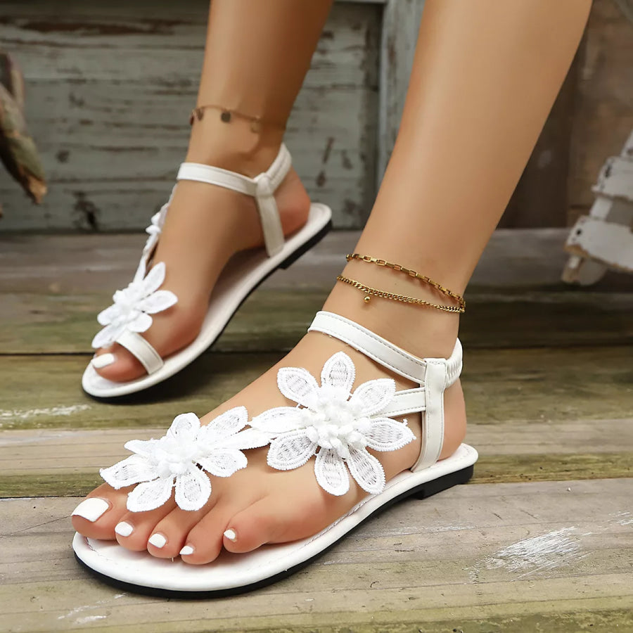 Floral Embellished Flat Sandals White / 36 Apparel and Accessories