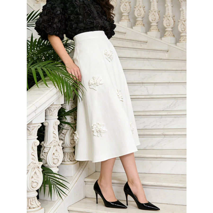 Floral Embellished Midi Skirt White / S Apparel and Accessories