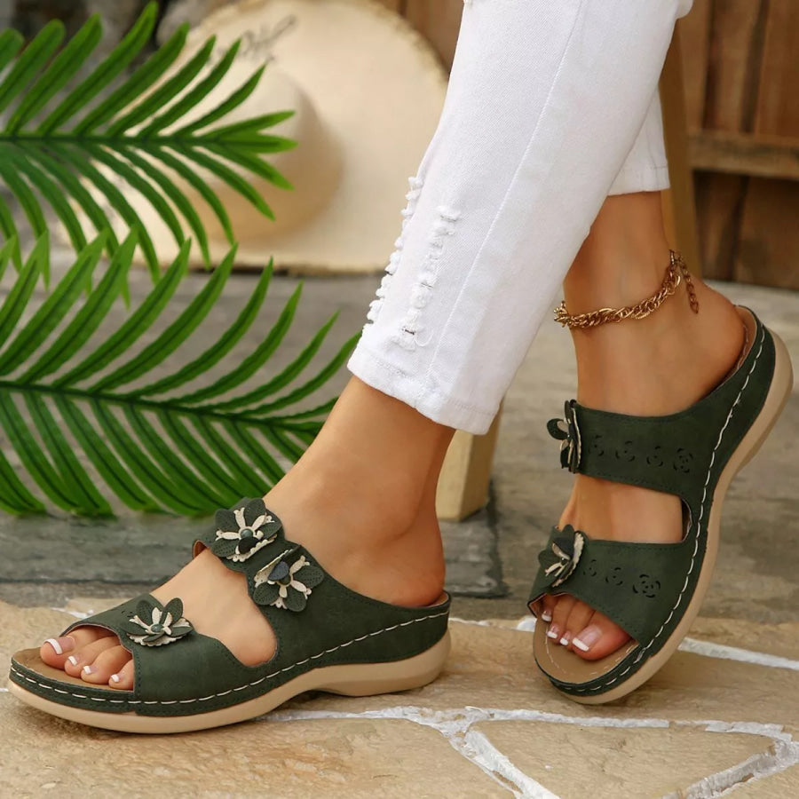 Floral Embellished Open Toe Sandals Army Green / 36 Apparel and Accessories