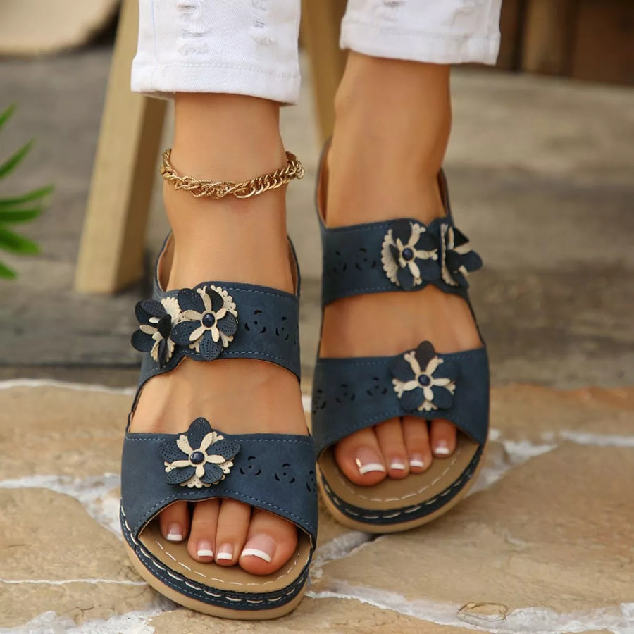 Floral Embellished Open Toe Sandals Navy / 36 Apparel and Accessories
