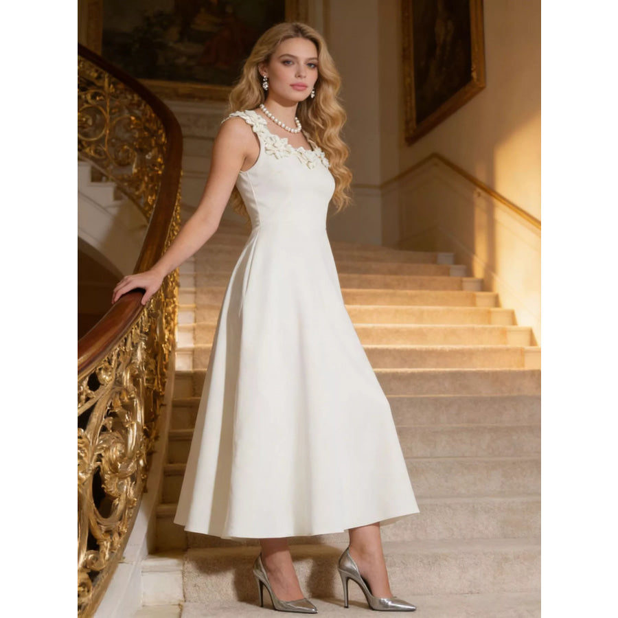 Floral Embellished Sleeveless Midi Dress White / S Apparel and Accessories