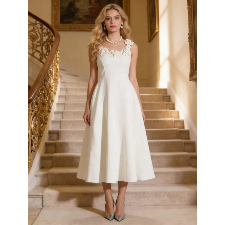 Floral Embellished Sleeveless Midi Dress White / S Apparel and Accessories