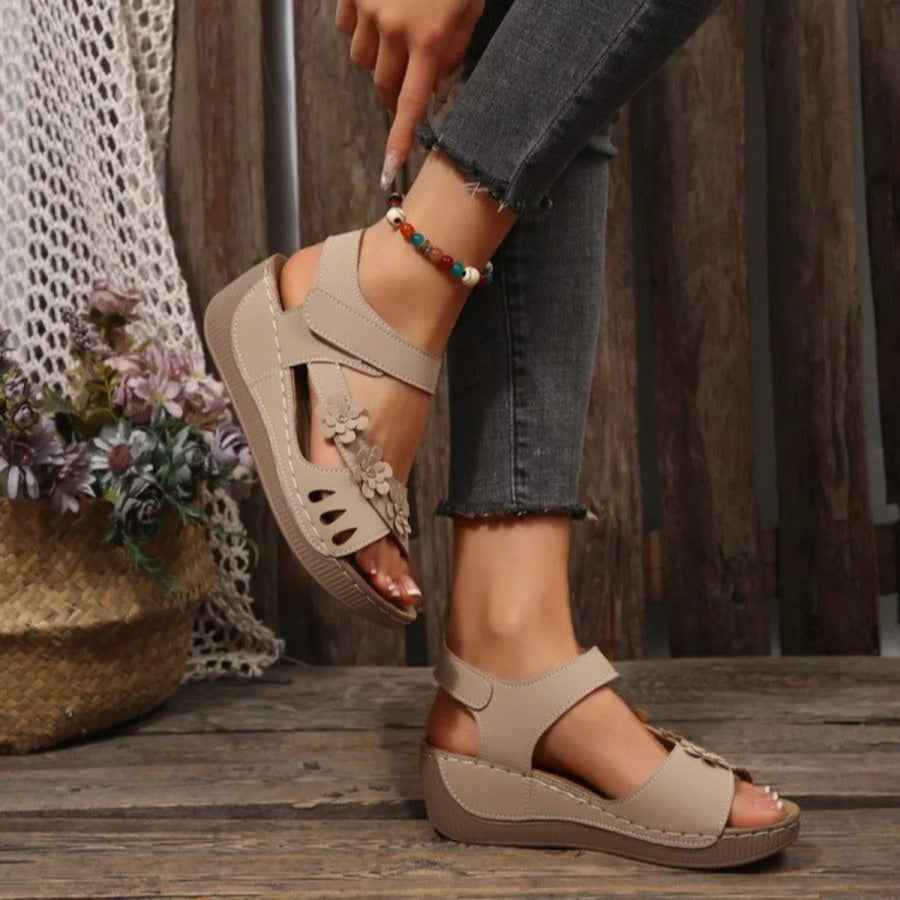 Floral Embellished Wedge Sandals Beige / 36 Apparel and Accessories