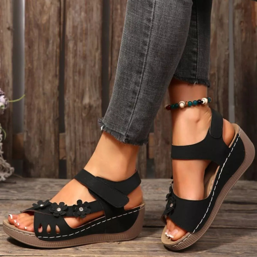 Floral Embellished Wedge Sandals Black / 36 Apparel and Accessories