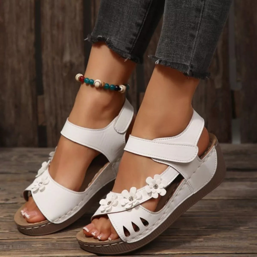 Floral Embellished Wedge Sandals White / 36 Apparel and Accessories