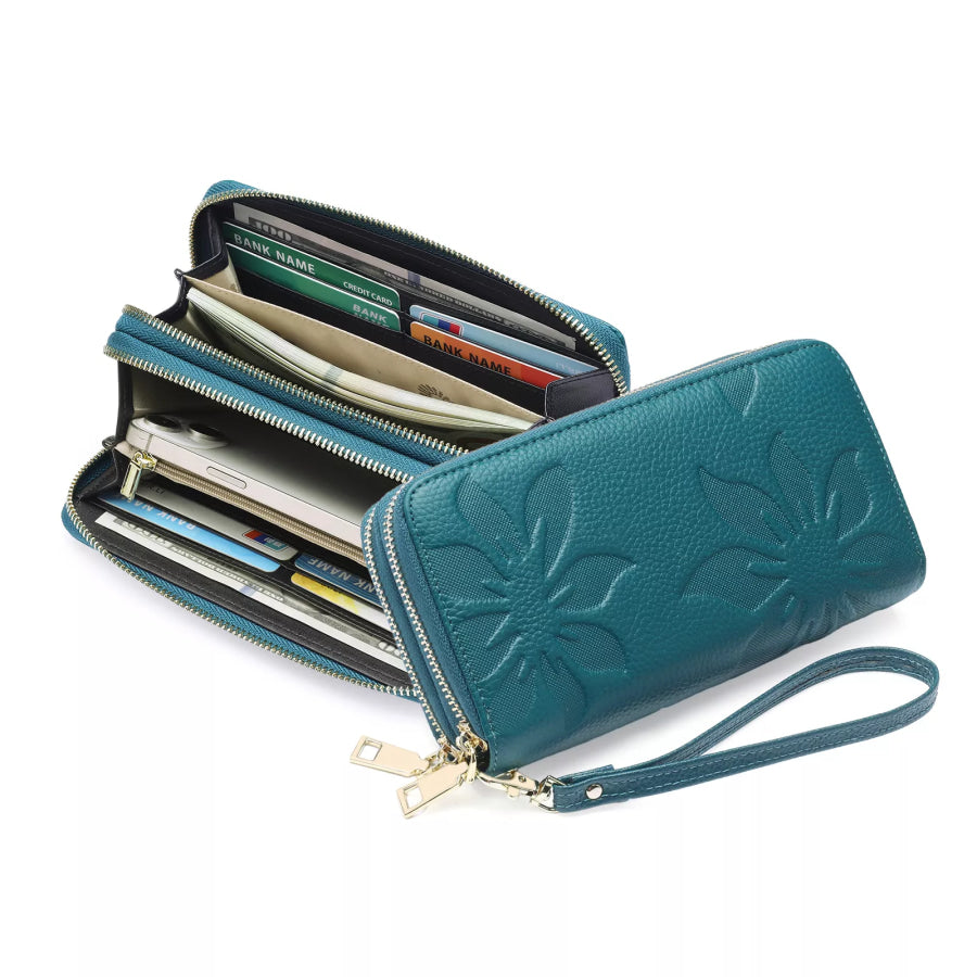 Floral Embossed Leather Zipper Wallet Air Force Blue / ONESIZE Apparel and Accessories