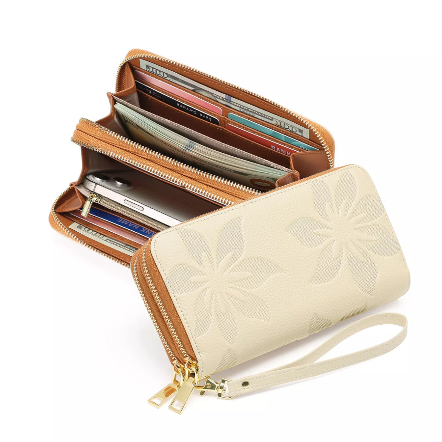 Floral Embossed Leather Zipper Wallet Cream / ONESIZE Apparel and Accessories