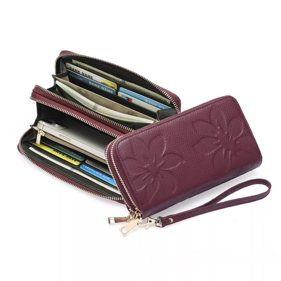 Floral Embossed Leather Zipper Wallet Deep Red / ONESIZE Apparel and Accessories