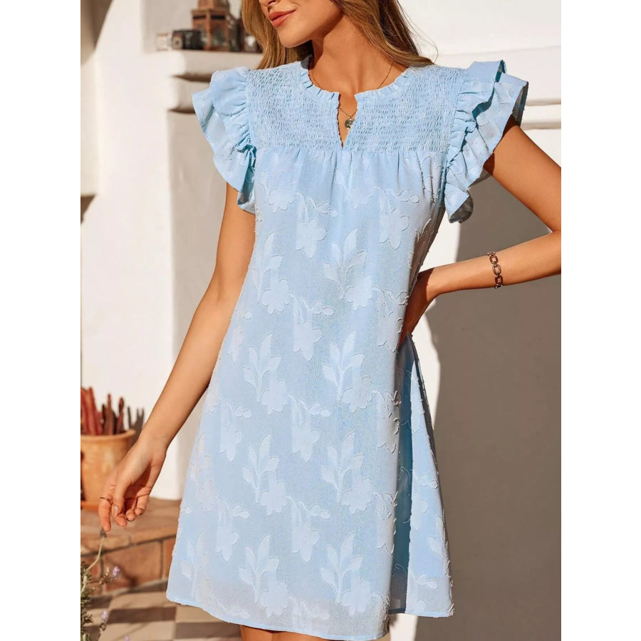 Floral Embossed Ruffle Sleeve Mini Dress Apparel and Accessories