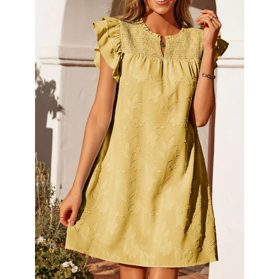 Floral Embossed Ruffle Sleeve Mini Dress Apparel and Accessories