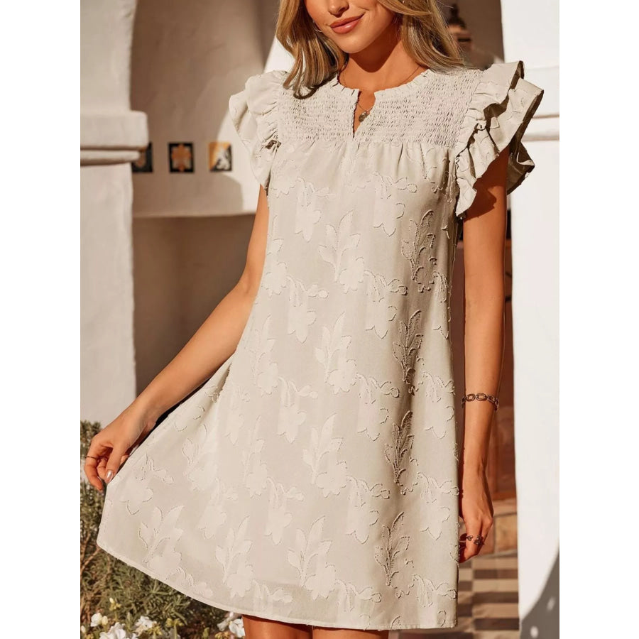 Floral Embossed Ruffle Sleeve Mini Dress Apricot / S Apparel and Accessories
