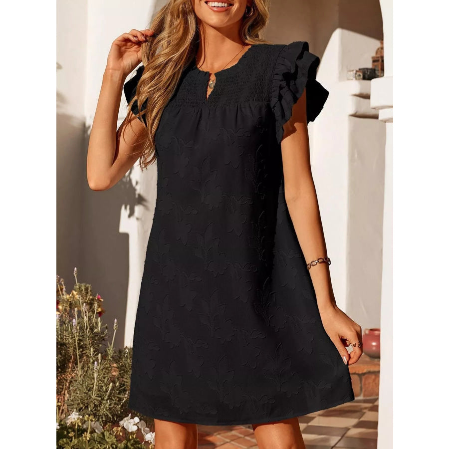 Floral Embossed Ruffle Sleeve Mini Dress Black / S Apparel and Accessories