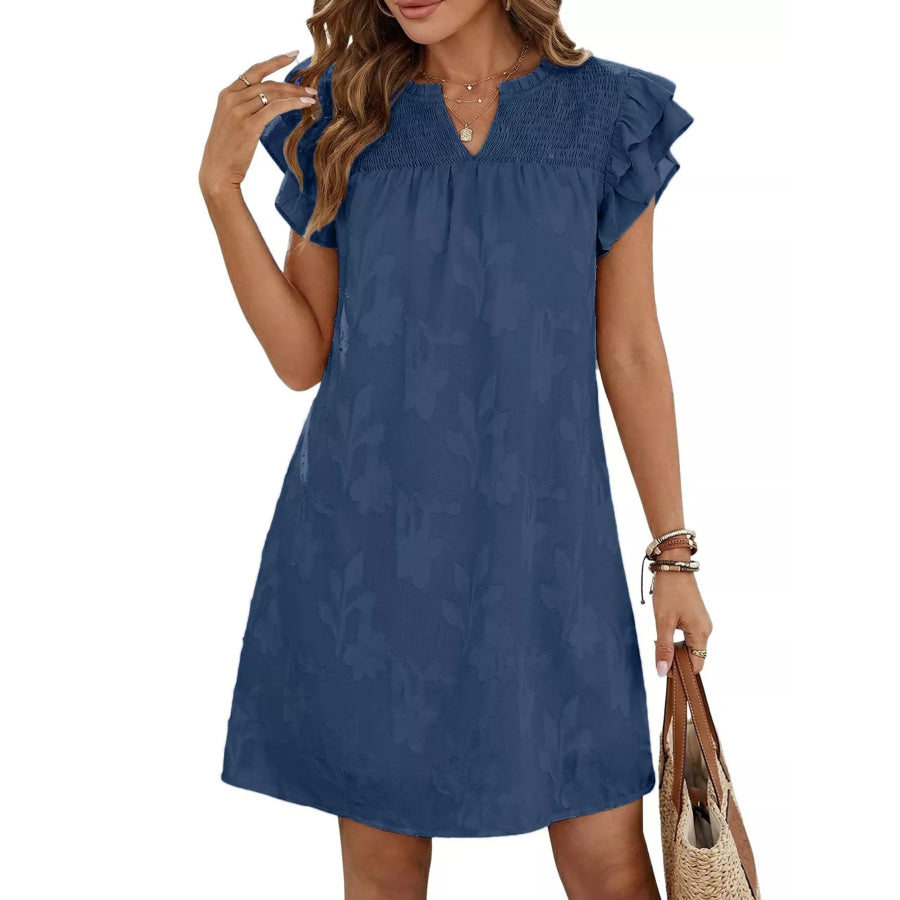 Floral Embossed Ruffle Sleeve Mini Dress Blue / S Apparel and Accessories