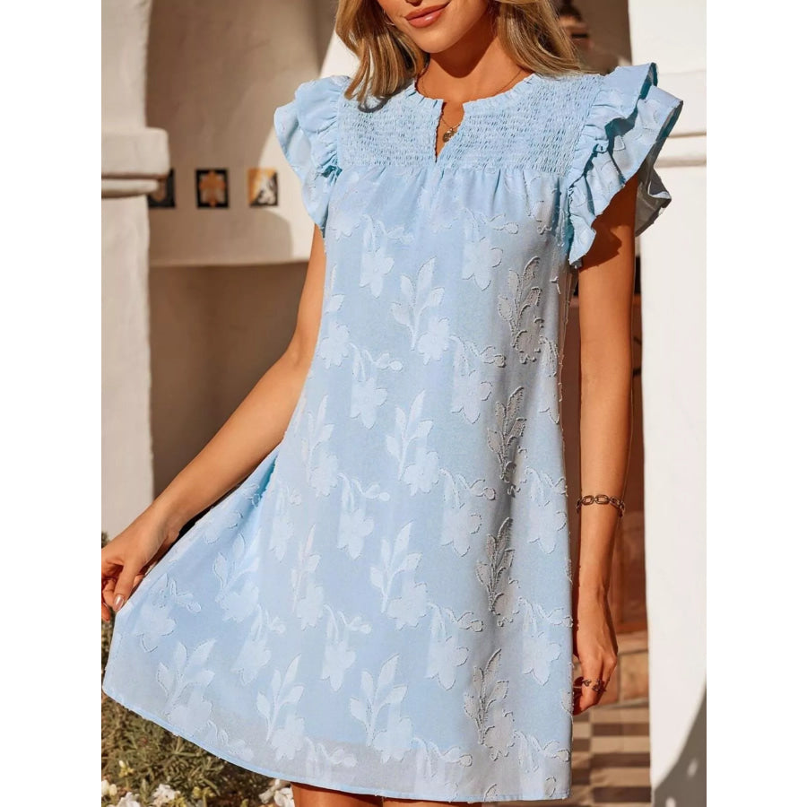 Floral Embossed Ruffle Sleeve Mini Dress Sky Blue / S Apparel and Accessories