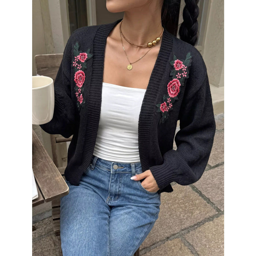Floral Embroidered Applique Knit Cardigan Apparel and Accessories