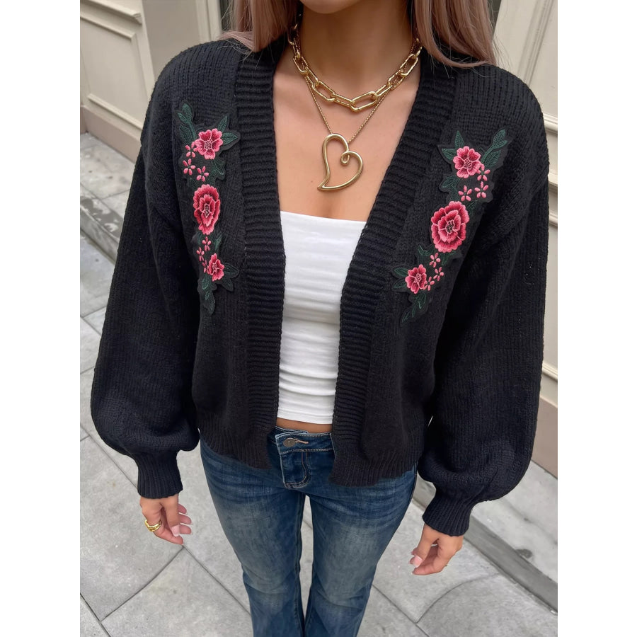 Floral Embroidered Applique Knit Cardigan Apparel and Accessories