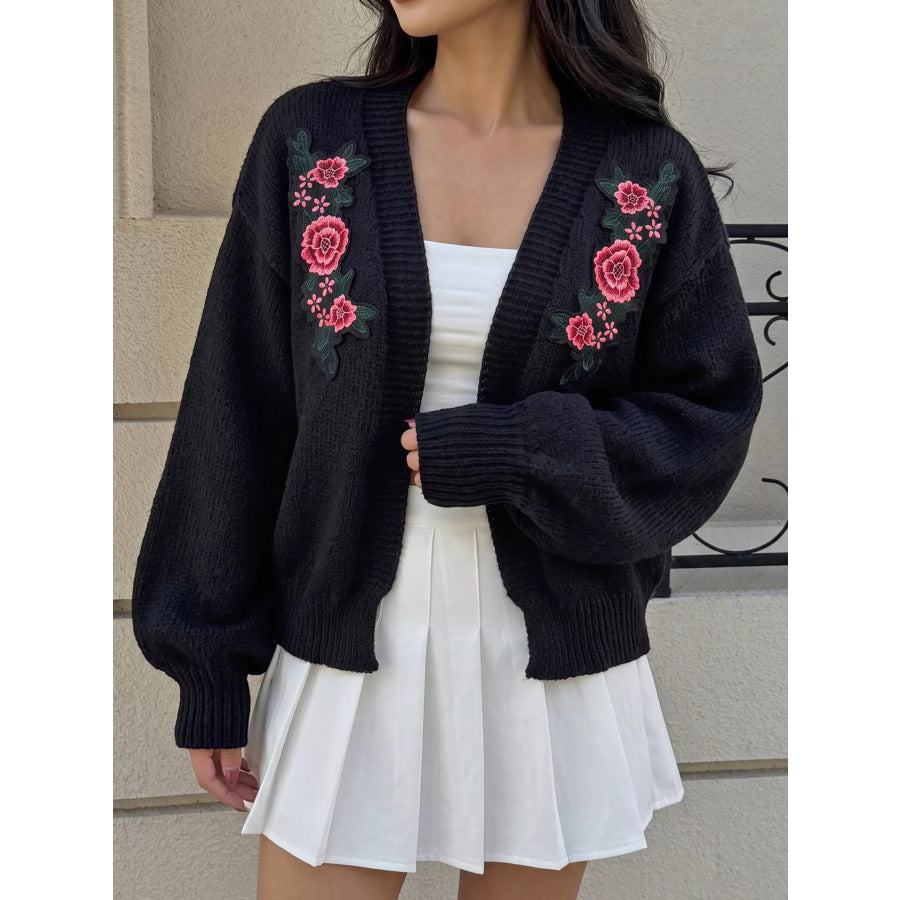 Floral Embroidered Applique Knit Cardigan Black / S Apparel and Accessories