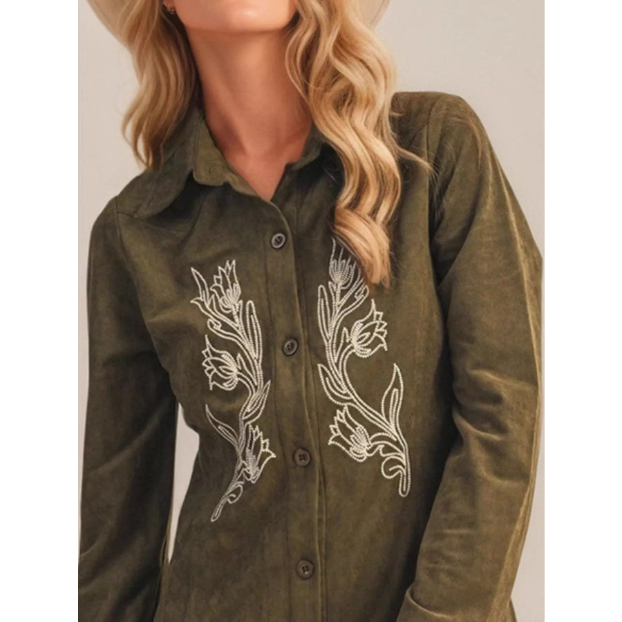 Floral Embroidered Button-Down Shirt Dress Apparel and Accessories
