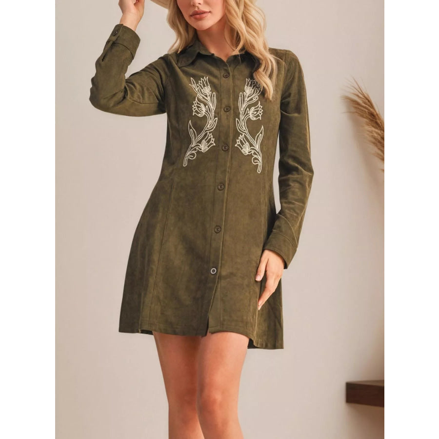 Floral Embroidered Button-Down Shirt Dress Apparel and Accessories