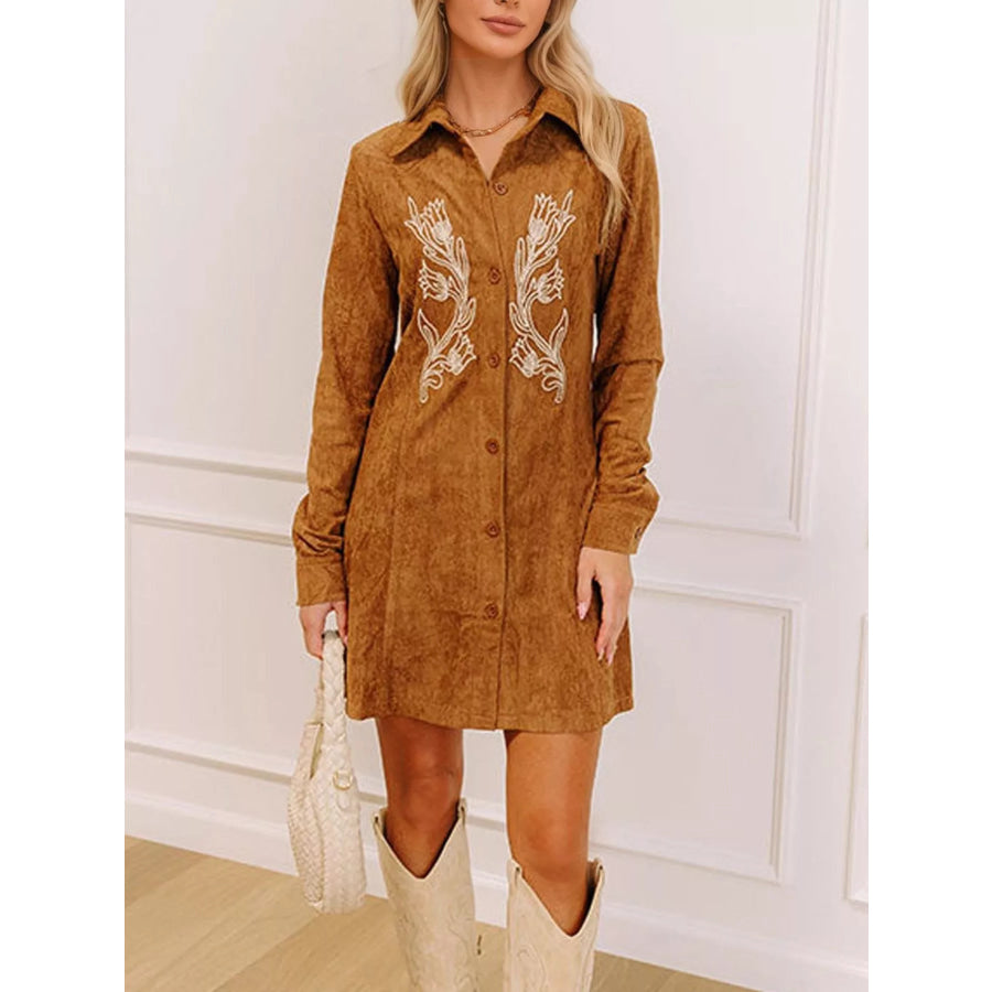 Floral Embroidered Button-Down Shirt Dress Brown / S Apparel and Accessories