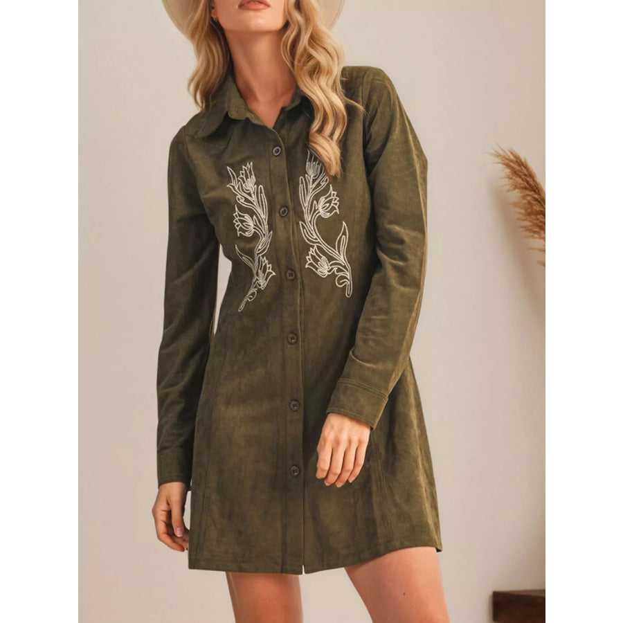 Floral Embroidered Button-Down Shirt Dress Dark Green / S Apparel and Accessories