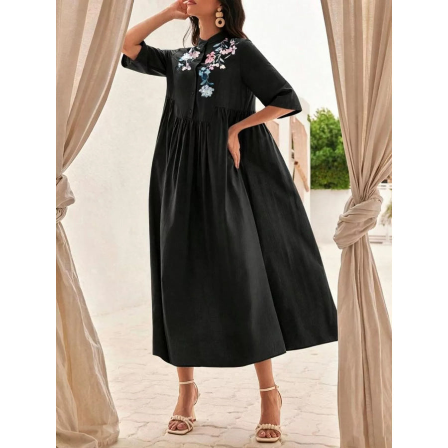 Floral Embroidered Casual Midi Dress Apparel and Accessories