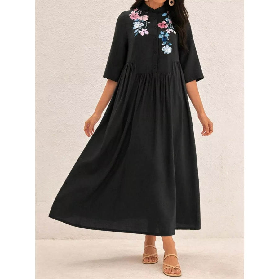 Floral Embroidered Casual Midi Dress Black / S Apparel and Accessories