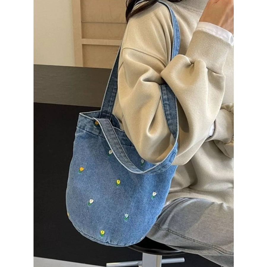 Floral Embroidered Denim Handbag Light Blue / ONESIZE Apparel and Accessories