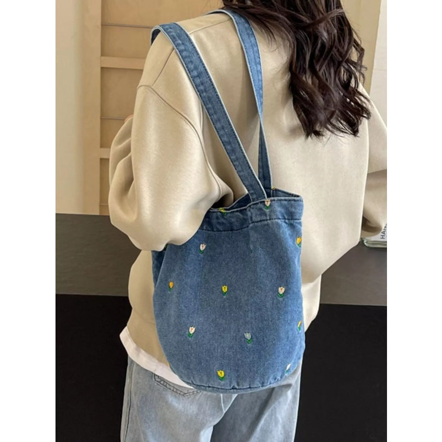 Floral Embroidered Denim Handbag Light Blue / ONESIZE Apparel and Accessories