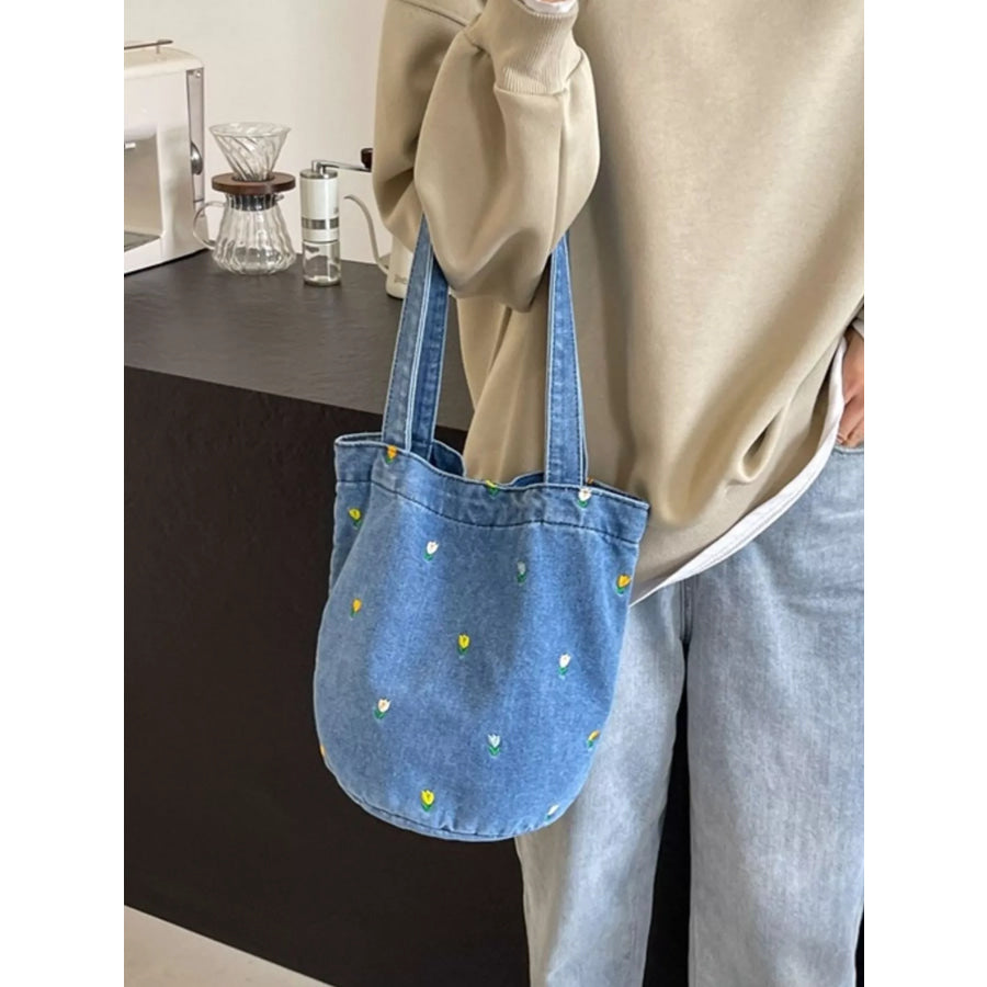 Floral Embroidered Denim Handbag Light Blue / ONESIZE Apparel and Accessories