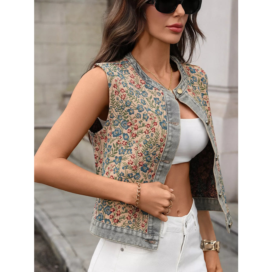 Floral Embroidered Denim Vest Top Apparel and Accessories