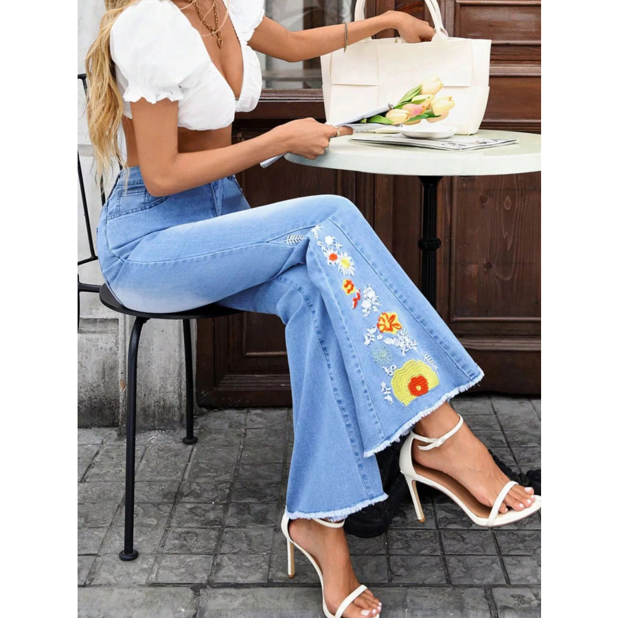 Floral Embroidered Flare Jeans Apparel and Accessories