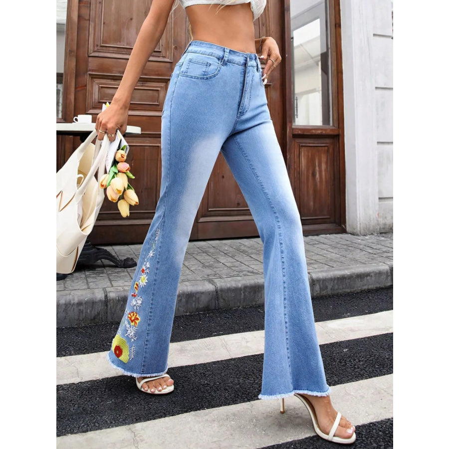 Floral Embroidered Flare Jeans Blue / XS Apparel and Accessories