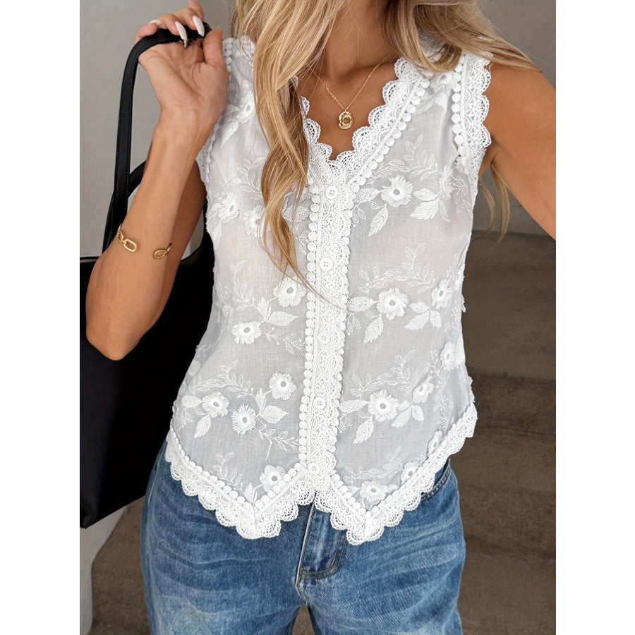 Floral Embroidered Lace Trim Tank Apparel and Accessories