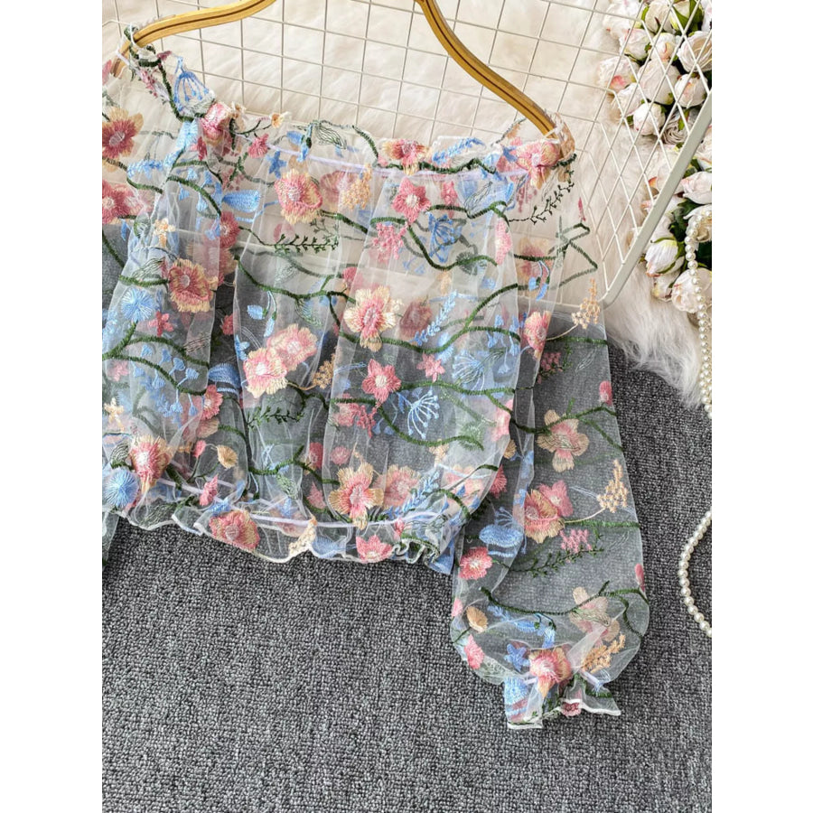 Floral Embroidered Mesh Off-Shoulder Top Apparel and Accessories