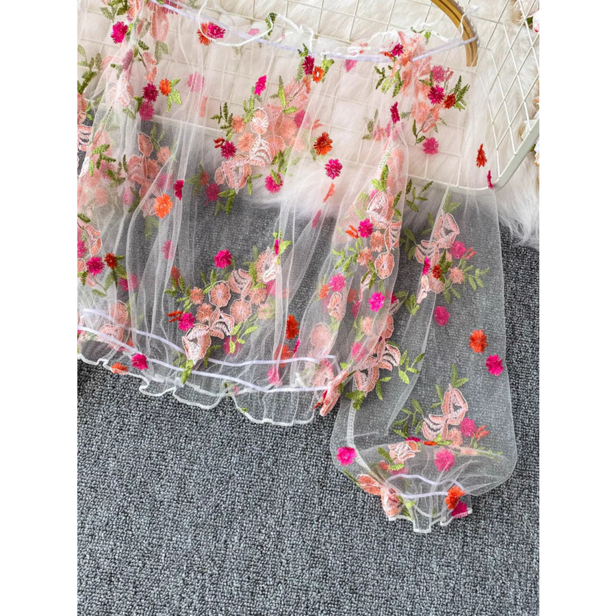 Floral Embroidered Mesh Off-Shoulder Top Apparel and Accessories