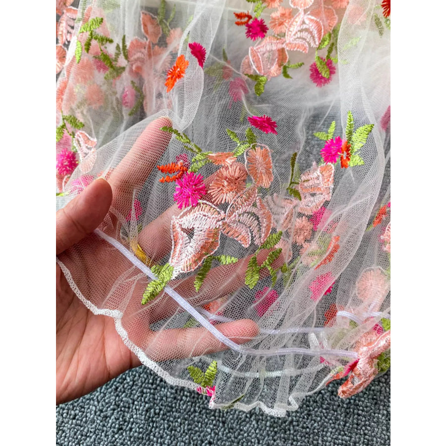 Floral Embroidered Mesh Off-Shoulder Top Apparel and Accessories