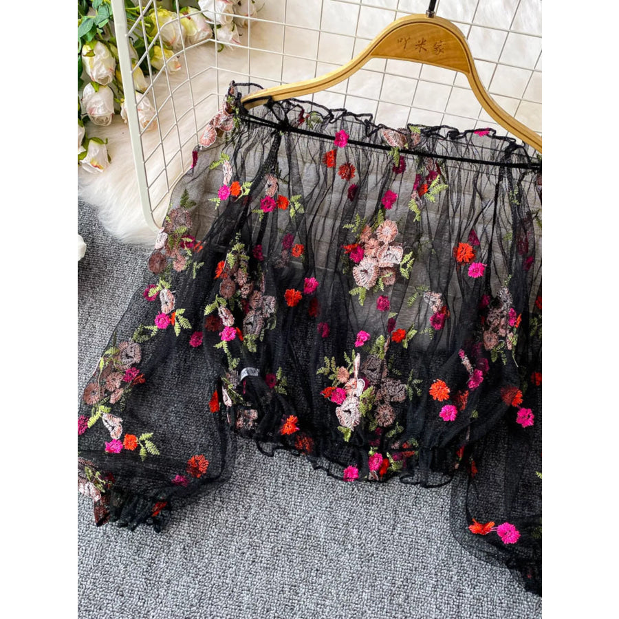 Floral Embroidered Mesh Off-Shoulder Top Apparel and Accessories