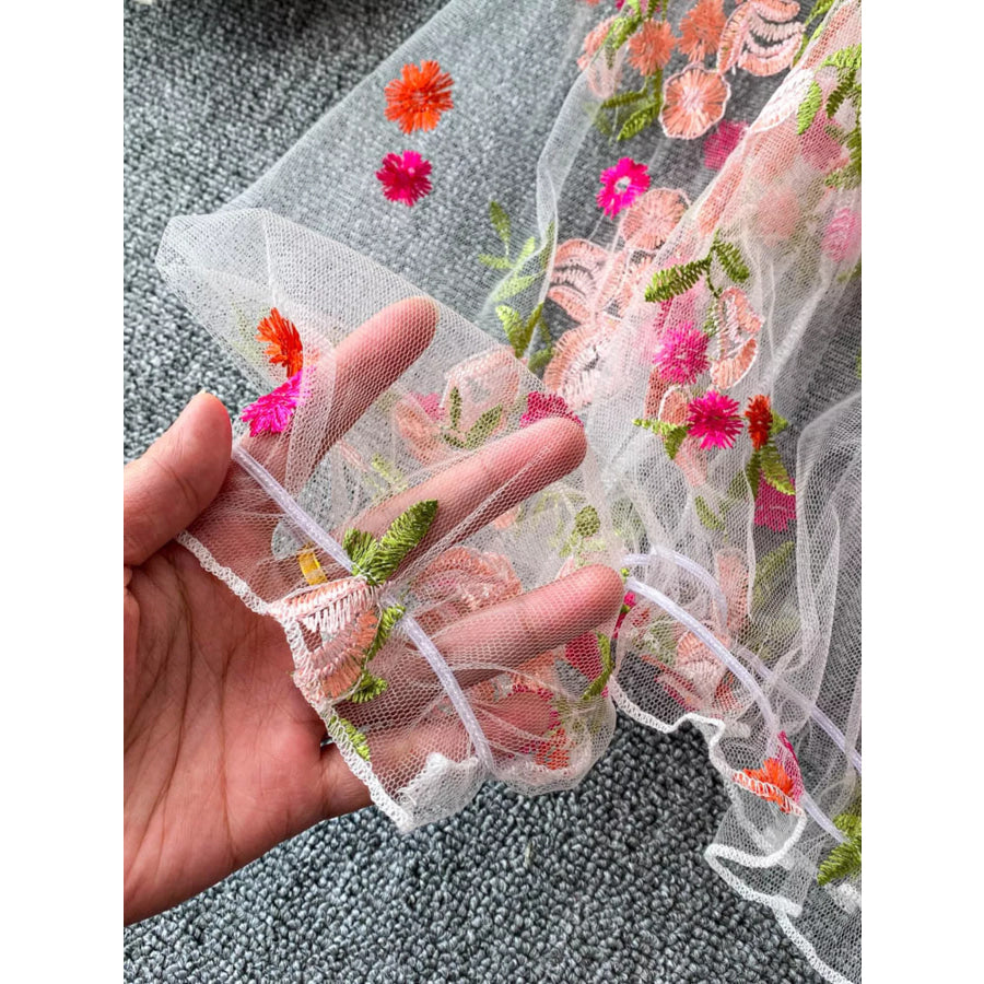 Floral Embroidered Mesh Off-Shoulder Top Apparel and Accessories