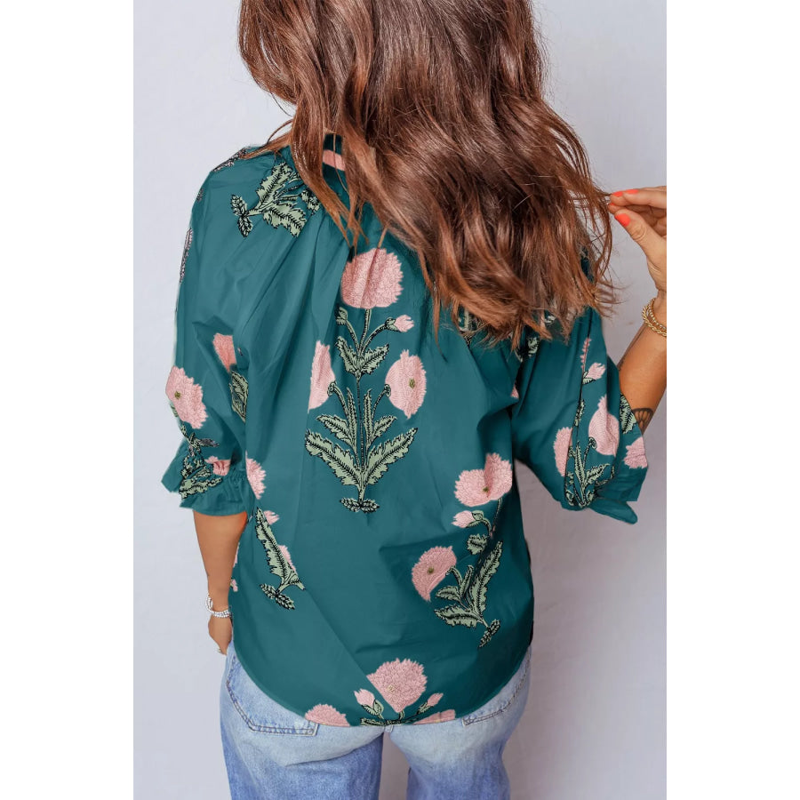 Floral Embroidered Notched Blouse Apparel and Accessories