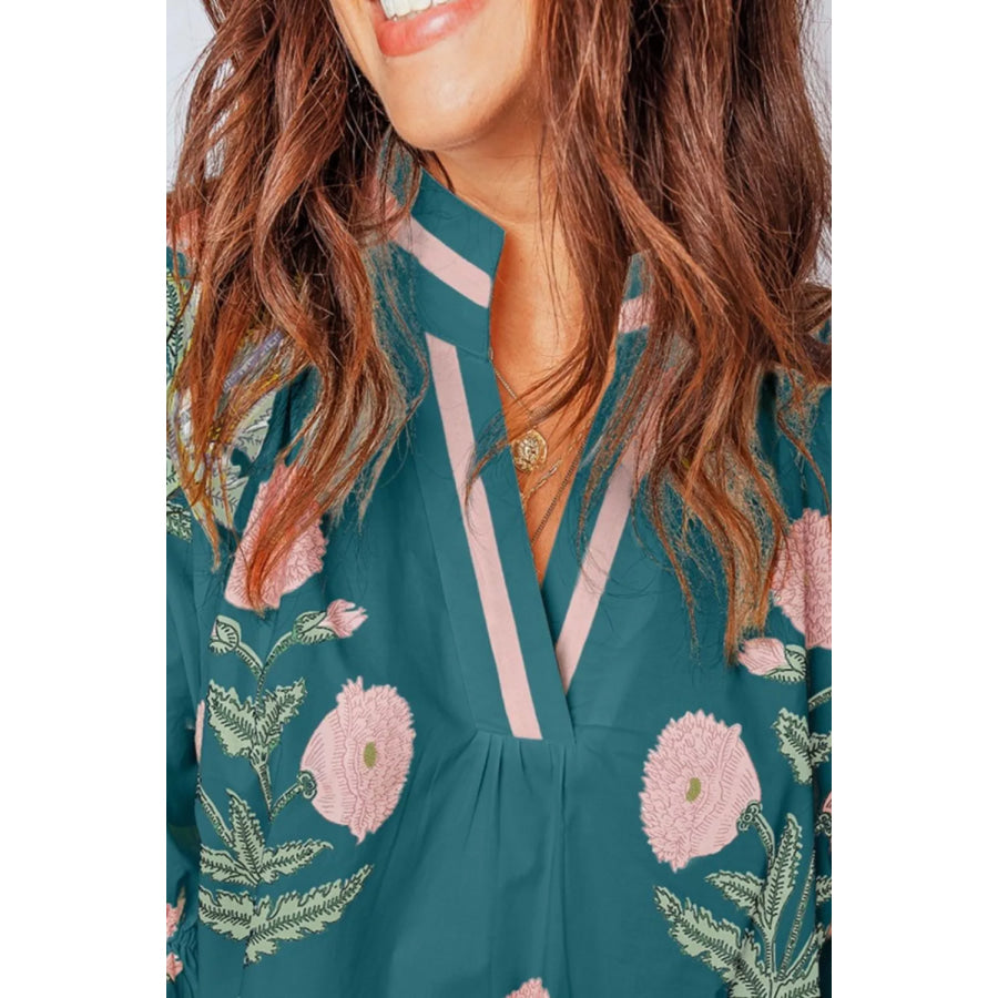 Floral Embroidered Notched Blouse Apparel and Accessories