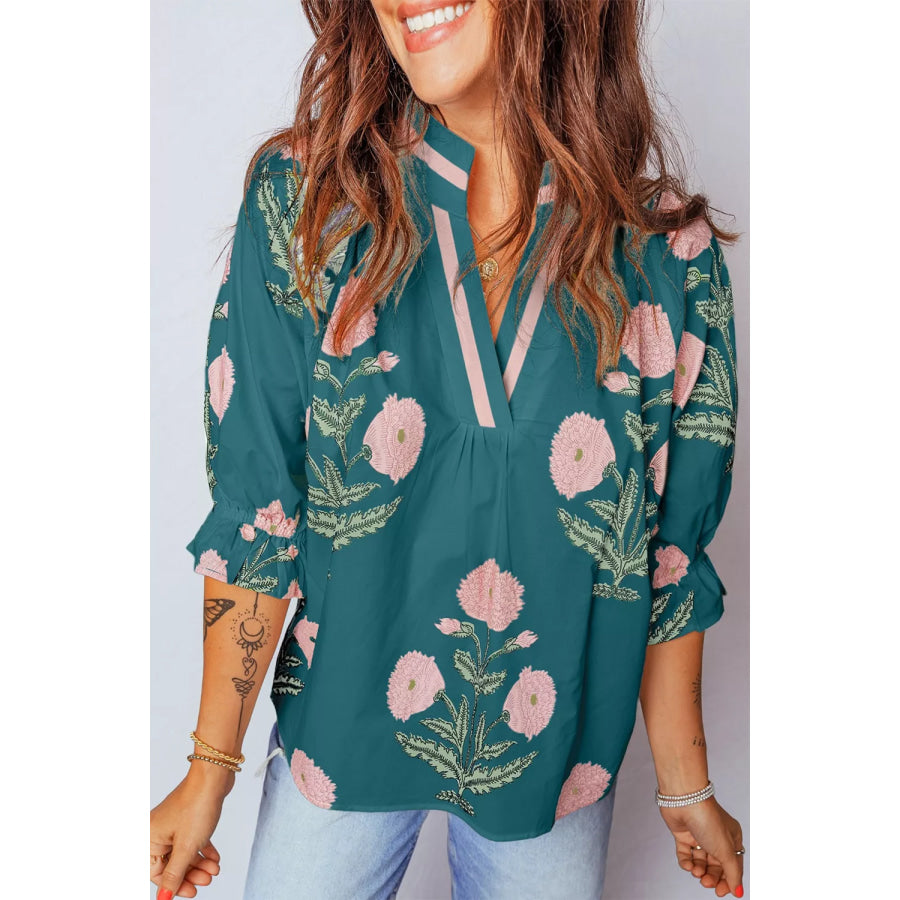 Floral Embroidered Notched Blouse Dark Green / S Apparel and Accessories