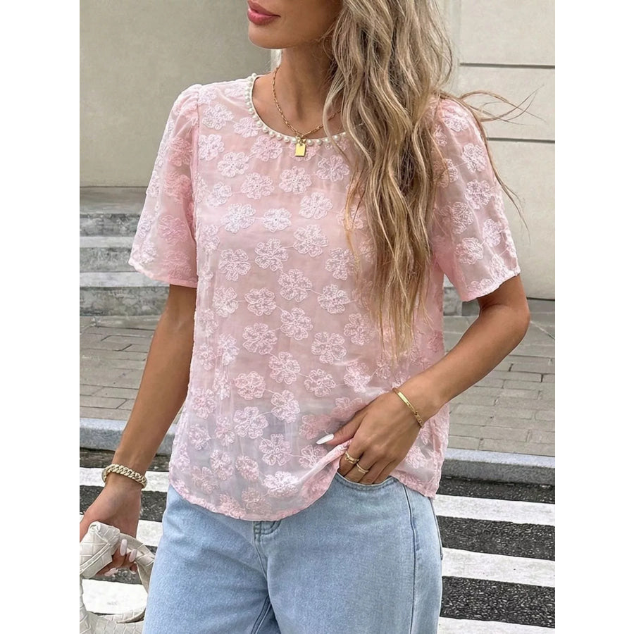 Floral Embroidered Pearl Trim Blouse Apparel and Accessories